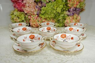 8 Royal Crown Derby English Porcelain Cream Soup Cups & Saucers Bali Gold