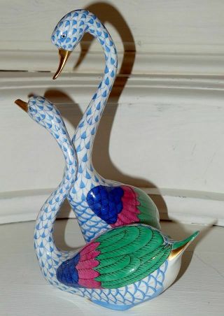 Herend Pair Swans White Blue Fishnet 24k Gold Accents Porcelain Nose Repair