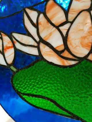 Round Stained Glass Window Panel Lotus Lily Pad Flower 16.  5 