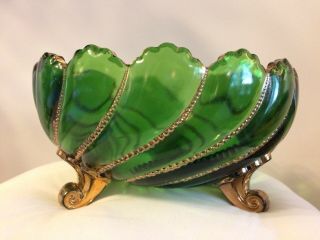Antique Bohemian Green Glass Bowl.  Hand Painted Gold Gilt.  Footed