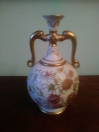 Antique Royal Worcester Hand Painted Vase W/ Dolfin Handles 7 ".