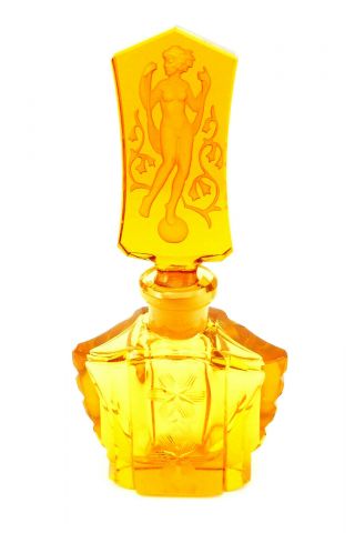 C1920,  Heinrich Hoffman,  Art Deco Intaglio Nude Cut Glass Amber Scent Bottle