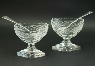 C1820 Pair Antique 19thc Regency Cut Glass Navette Salts And Solid Silver Spoons