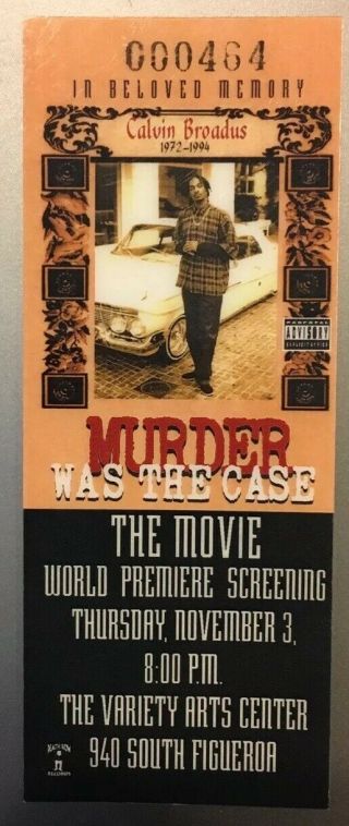Rare 1994 Snoop Dogg Murder Was The Case,  The World Premiere Movie Vip Pass.