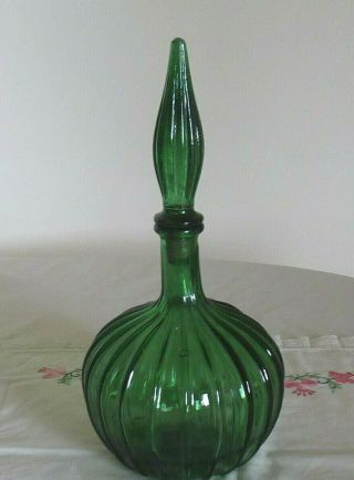 Vintage Green Fluted Pumpkin Shape Glass Genie Decanter Bottle With Top Stopper