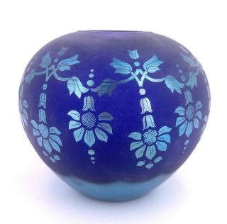 Glass Blue Two Toned Hand Painted Flowers Vase Numbered (m567 - 35)