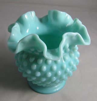 Rare Size Fenton Turquoise Blue Milk Glass Ruffled Hobnail 4 1/4” Ball Vase Exc.