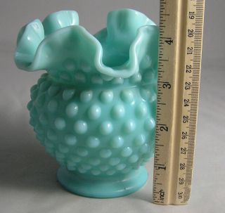 RARE Size Fenton Turquoise Blue Milk Glass Ruffled Hobnail 4 1/4” Ball Vase EXC. 2