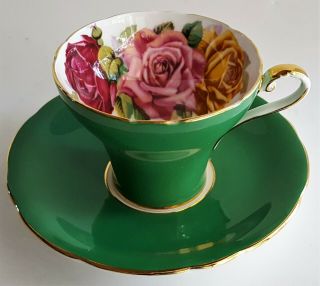 Aynsley Bone China Flat Cup & Saucer Teacup England Green Triple Rose Guilded