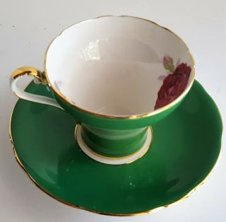 AYNSLEY Bone China Flat Cup & Saucer Teacup England Green Triple Rose Guilded 4