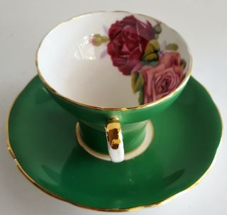 AYNSLEY Bone China Flat Cup & Saucer Teacup England Green Triple Rose Guilded 5
