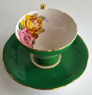 AYNSLEY Bone China Flat Cup & Saucer Teacup England Green Triple Rose Guilded 6