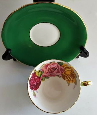 AYNSLEY Bone China Flat Cup & Saucer Teacup England Green Triple Rose Guilded 7