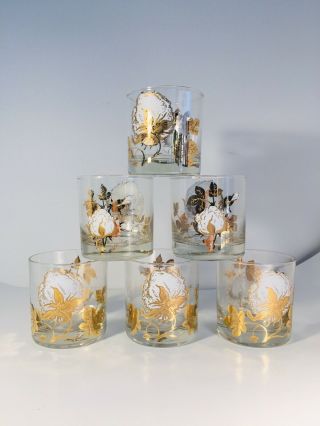 Vintage Culver,  Ltd Gold And White Lowball Glasses 22k Mcm Set Of 6 Cotton Boll