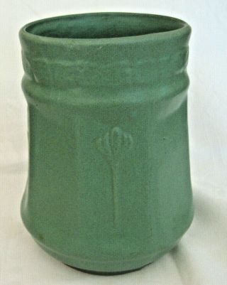 Zanesville Stoneware Pottery Green Vase,  Arts Crafts Design,  1920s,  Flower,  7.  25 "