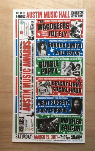 2011 Austin Music Awards Poster Sxsw Meat Puppets Roky Erickson S/n 12 X 22