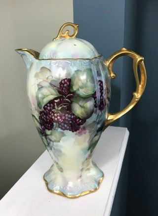 Ann Zitterkopf Porcelain Chocolate Pot Hand Painted Gold & Blackberries