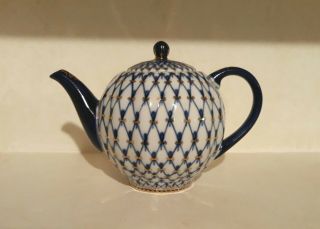 Russian Lomonosov Teapot Porcelain Cobalt White 24k Gold Made In Russia