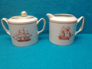 Spode Trade Winds Red Creamer & Sugar Bowl W/lid Perfect 3 " Tall