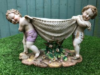 Mid 19thc Meissen Putti Figures With Fishing Net Bowl On Decorative Base C1850s