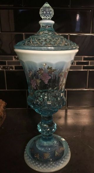 Fenton Aqua Blue Opalescent Rim Apothecary Compote Hand Painted Grapes Signed