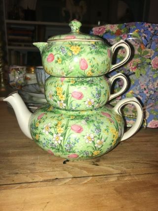 Vintage Lord Nelson Ware Green Tulip Chintz Stacking Teapot Tea For One Rare