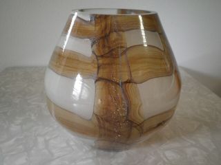 Vintage Murano Art Glass Hand - Blown Cased Brown & Frosted Squares 7 " By 6 " Vase