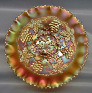 Northwood Grape & Cable Variant Marigold Carnival Glass Pie Crust Edge Bowl 6935