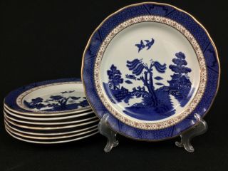 Royal Doulton Real Old Willow Eight (8) 8 1/2 " Salad Dessert Plates Blue Gold