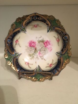Antique Rs Prussia Berry Bowl Pink Roses With Cobalt Blue And Green.  Red Mark