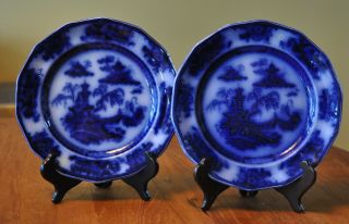 Antique Flow Blue Ironstone Plates Challinor Pelew Staffordshire