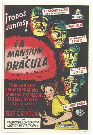 House Of Dracula Lon Chaney Jr Horror Spanish Herald Mini Poster