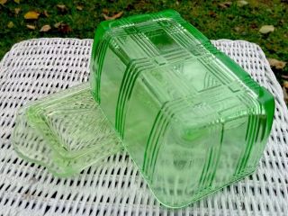 Vintage Green Depression Glass Hazel Atlas Criss Cross Pattern Butter Dish Glows 3