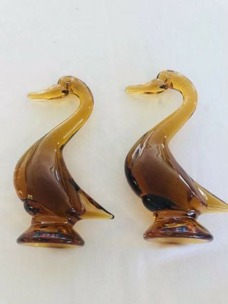 Vintage Viking Heavy Art Glass Amber Duck Pair 9.  5 " Tall