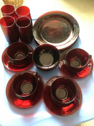 Vintage Ruby Red Anchor Hocking 5 - Piece Place Settings X 4