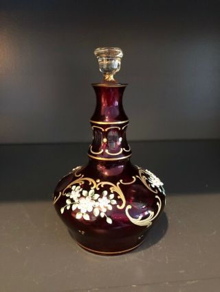 Vintage Ruby Red Cut To Clear Bohemian Art Glass Perfume Bottle Gold Flowers