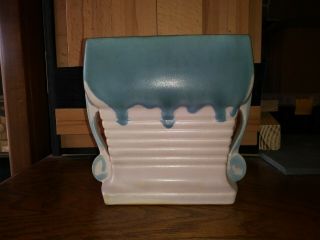 Roseville Pottery 6 1/2” Rectangle Blue/tan Carnelian I Vase - Blue Rv Mark