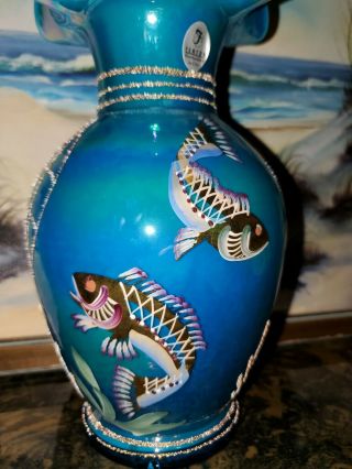 2001 Fenton Turquoise Overlay Vase Fish Seahorse Gold Frit Designer Showcase Exc