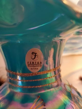 2001 Fenton Turquoise Overlay Vase Fish Seahorse Gold Frit Designer Showcase EXC 2