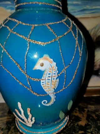 2001 Fenton Turquoise Overlay Vase Fish Seahorse Gold Frit Designer Showcase EXC 4