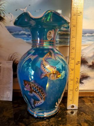 2001 Fenton Turquoise Overlay Vase Fish Seahorse Gold Frit Designer Showcase EXC 6
