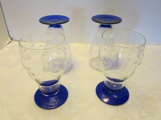 Vintage 4 Weston Glass Crystal Cut Floral Optic Goblets Cobalt Blue Base 5¼” H