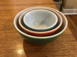 Set Of 3 Vintage Pyrex Mixing Bowls Primary Colors Green,  Red & Blue