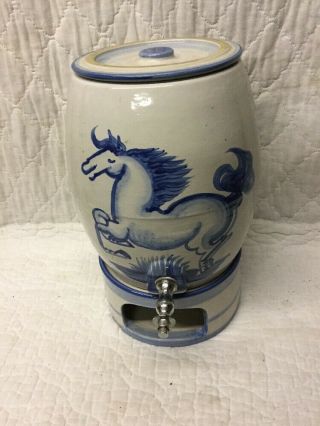 Vintage Hadley Pottery Large 3 Piece Water Jug Dispenser Crock With Cobalt Horse