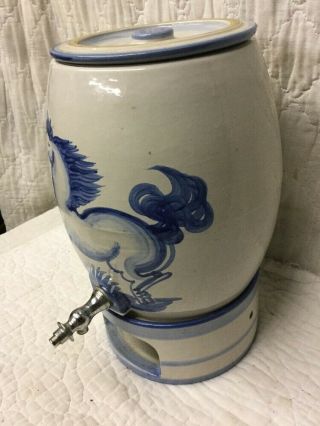 Vintage Hadley Pottery Large 3 Piece Water Jug Dispenser Crock With Cobalt Horse 2