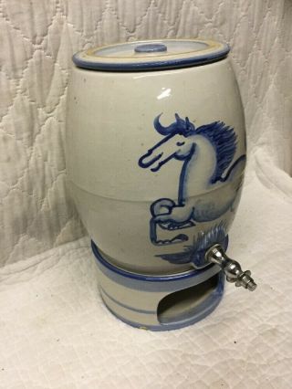 Vintage Hadley Pottery Large 3 Piece Water Jug Dispenser Crock With Cobalt Horse 3
