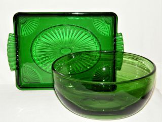 Set (2) Vintage Forest Green Glass Anchor Hocking Tray Hand Blown Bowl Lovely