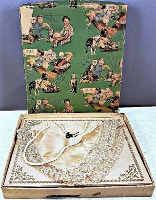 Very Rare C1930 Our Gang Boxed Lace Handkerchief Great Cast Photos Top Of Box Nr