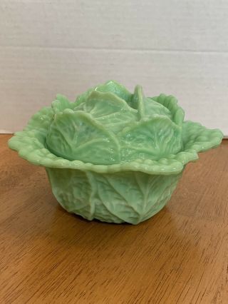L.  E.  Smith Martha Stewart Jadeite Green Cabbage Bowl Covered Candy Dish