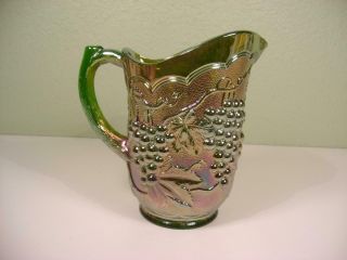 Vtg Green Gold Carnival Imperial Glass Iridescent Grapes Pitcher